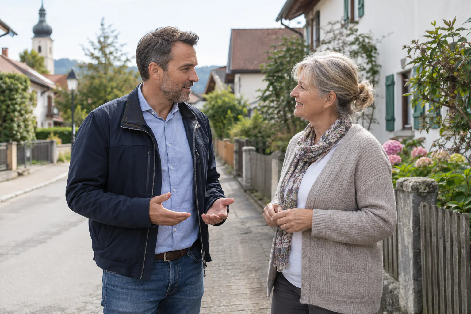 Mann spricht mit einer Bekannten in einer bayerischen Wohnstraße